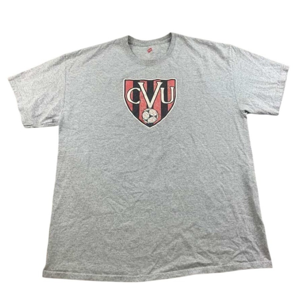 Hanes T-Shirt Men XL CVU Soccer Club Shield Logo Gray‎ Heather Red Black Stripe